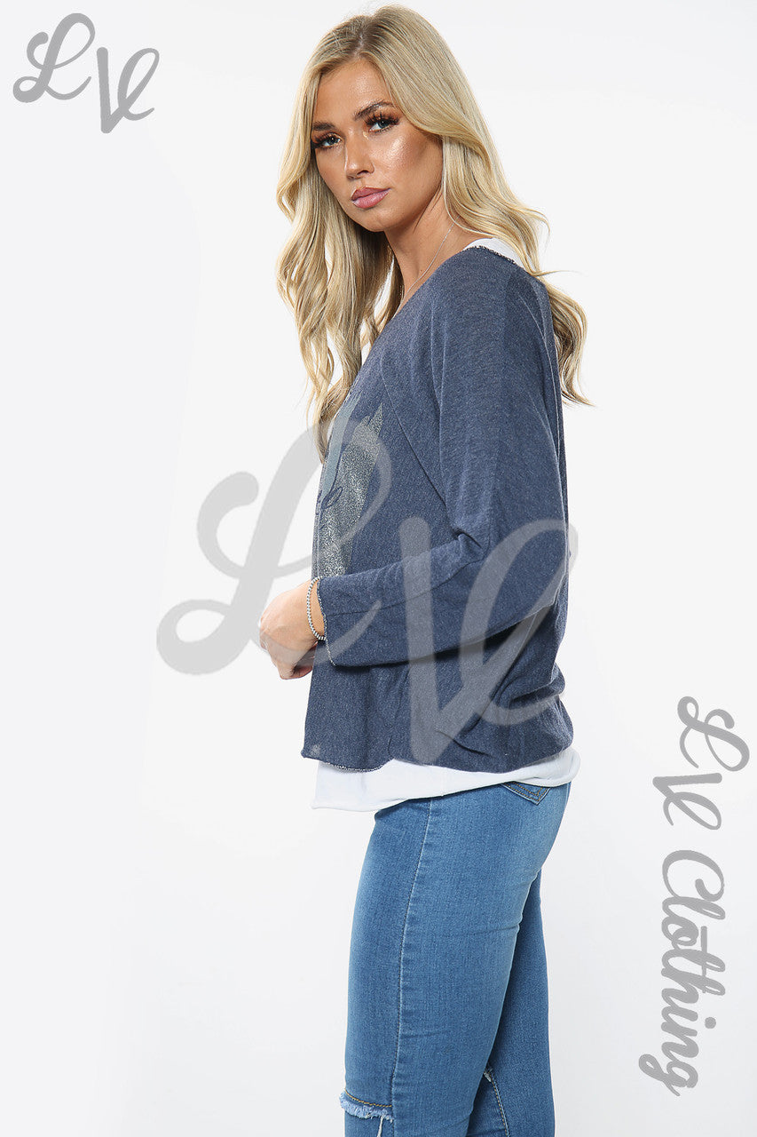 Dames Twee Laags Mooie Slogan Top Marineblauw Stukprijs € 10,99
