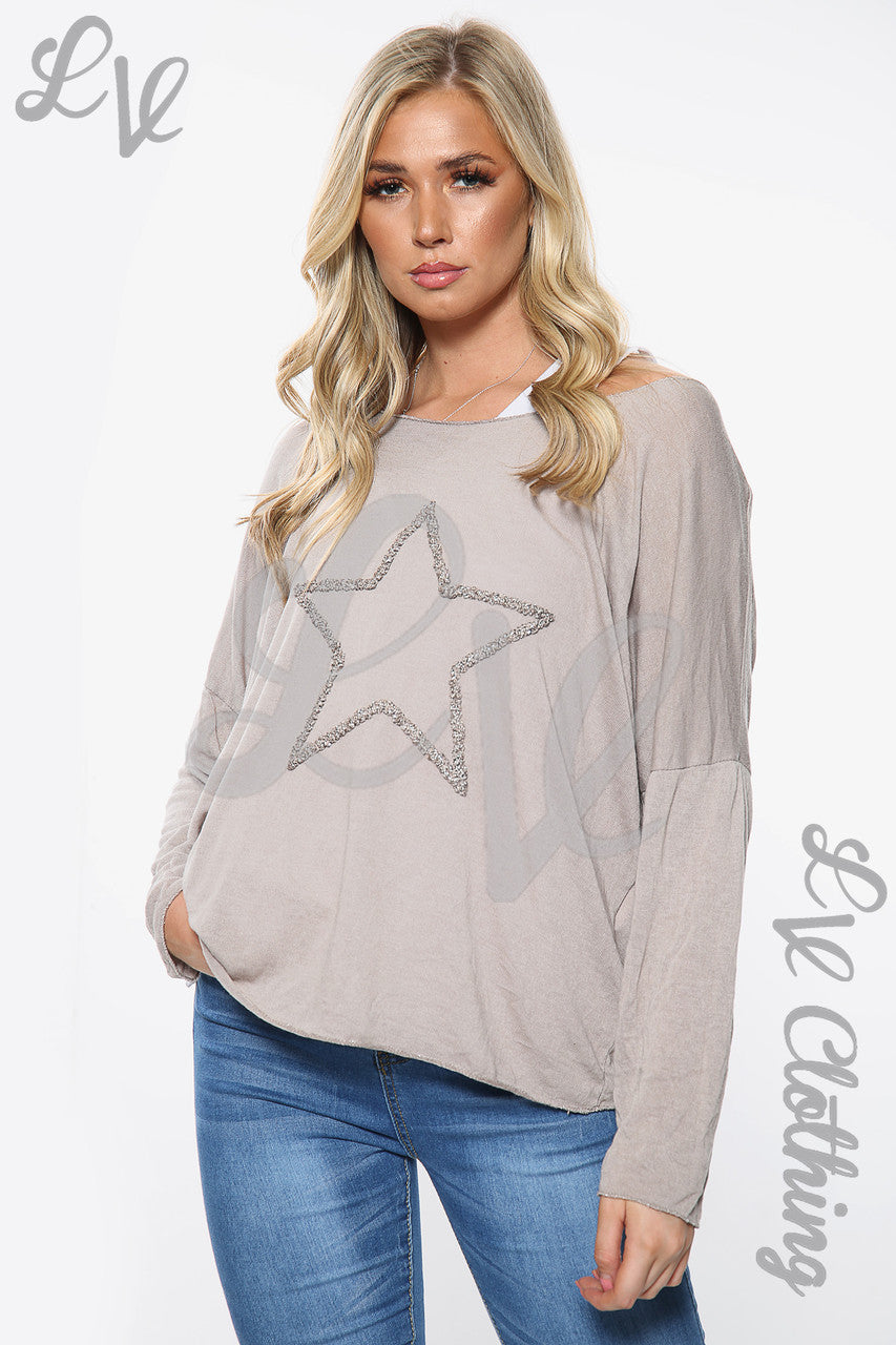 Dames T-shirt met Sterrenprint en Twee Lagen Stone Stukprijs €10,99