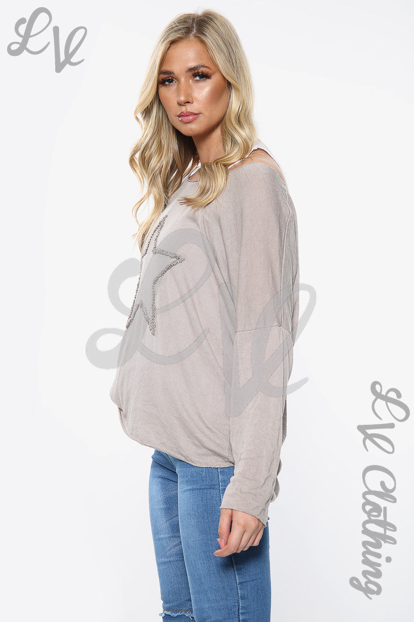 Dames T-shirt met Sterrenprint en Twee Lagen Stone Stukprijs €10,99