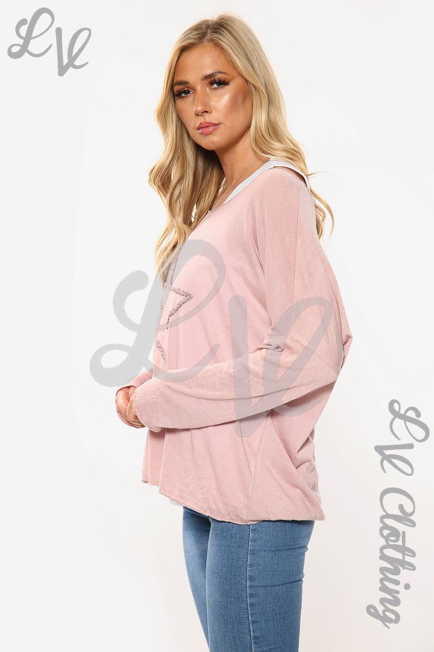 Ladies Star Print Two Layered Top Dusty Pink Unit Price £10.99