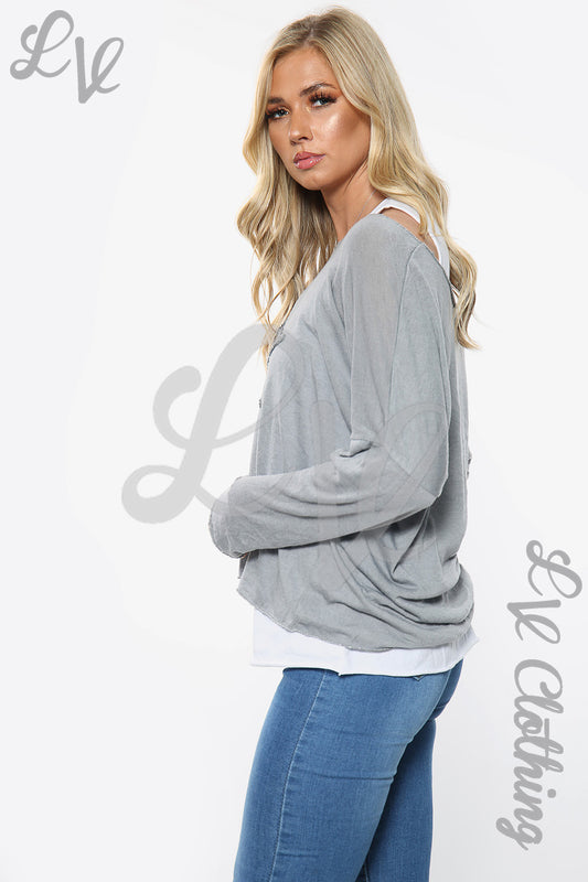 Two-layer star print top, grey long sleeves with layered hem