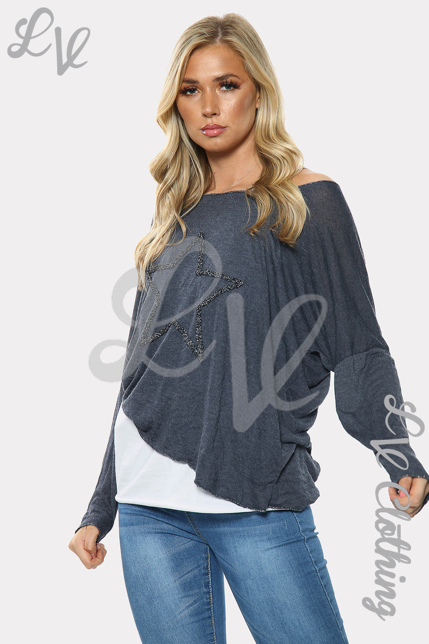 Dames Sterrenprint Twee-Laags Top Navy Stukprijs € 10,99