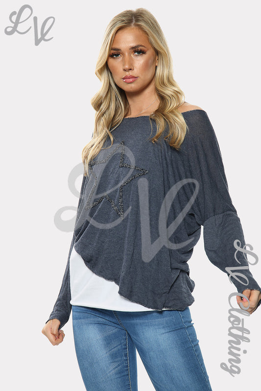 Ladies navy two-layer top with long sleeves and star print, relaxed drape