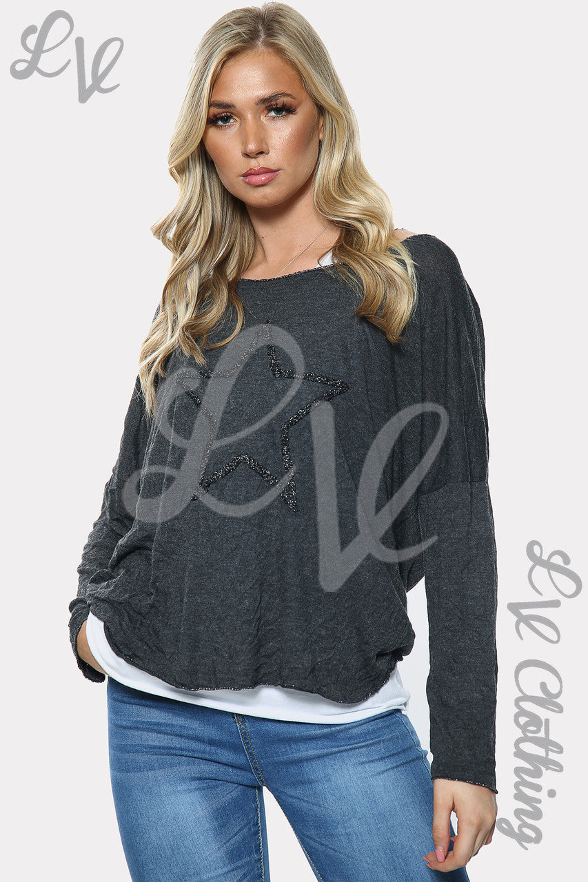 Ladies Star Print Two Layered Top Charcoal Unit Price £10.99