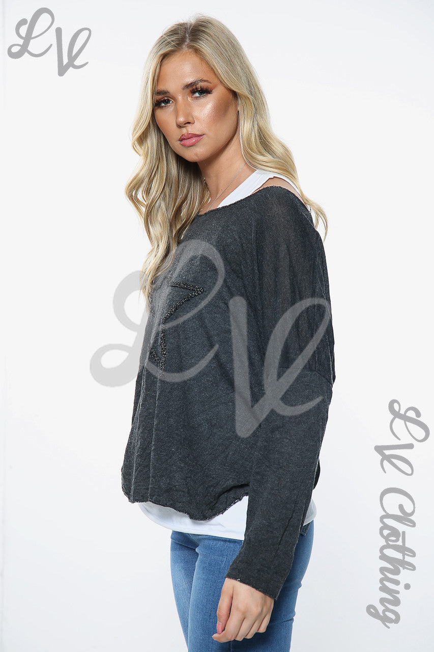 Ladies Star Print Two Layered Top Charcoal Unit Price £10.99