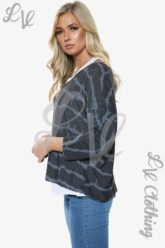 Tie-dye print layered top, dark charcoal with gray-blue swirls, long sleeves