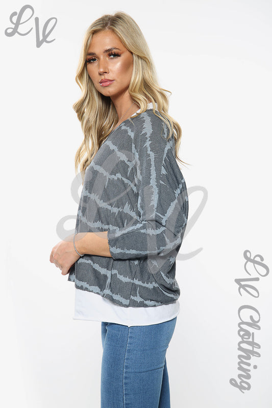 Charcoal tie-dye layered top with long sleeves and round neckline, side view