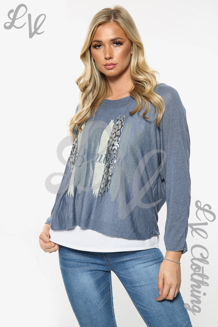 Dames Tweelaagse Mooie Slogan Top Denim Eenheidsprijs €10,99