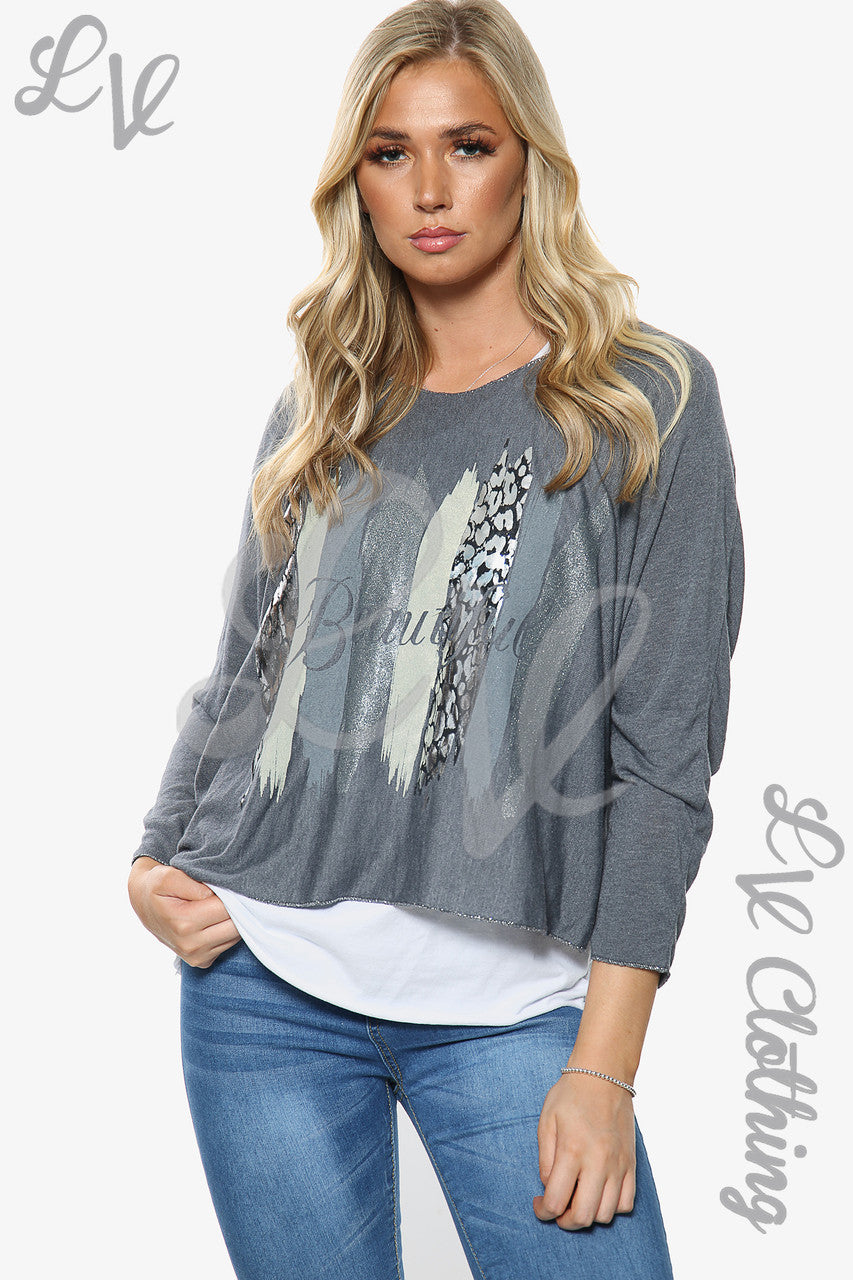 Dames Twee-laags Mooie Slogan Top Houtskool Stukprijs €10.99