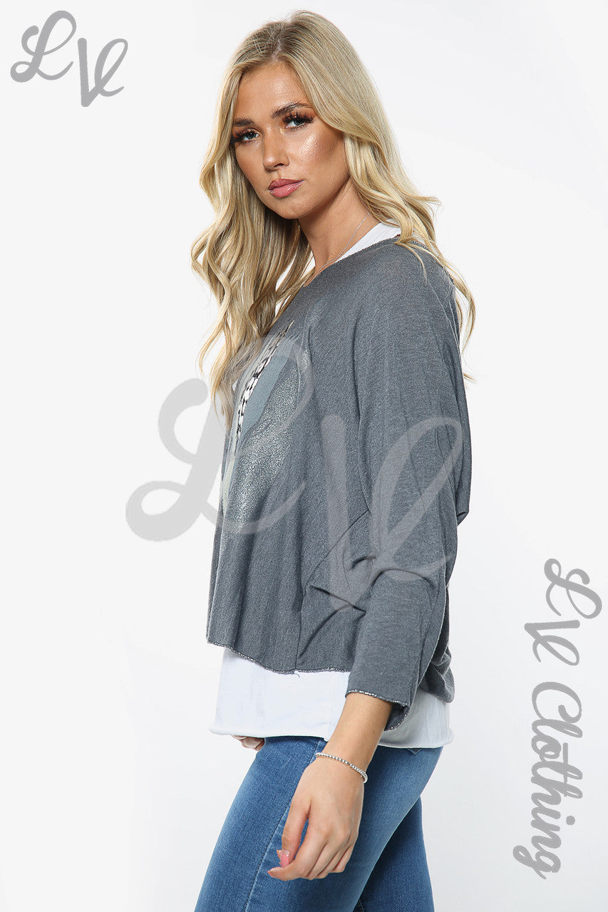 Dames Twee-laags Mooie Slogan Top Houtskool Stukprijs €10.99