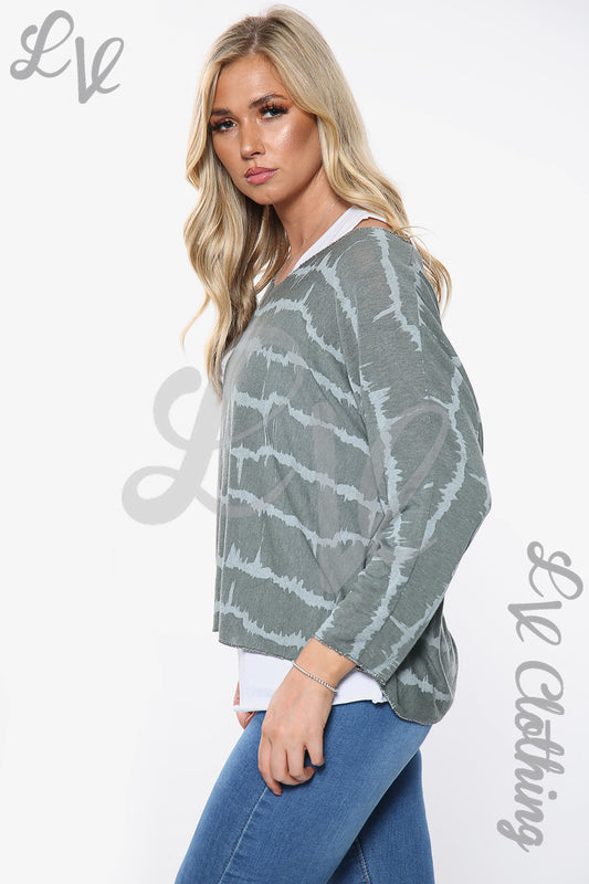 Two-layer tie-dye top in grey-green with light stripes, scoop neck