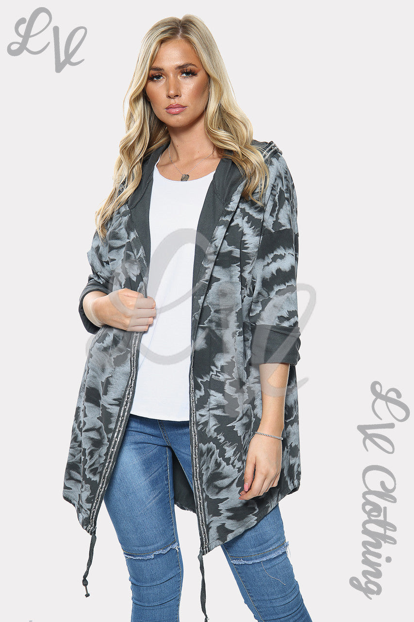 Ladies Tie Dye Print Oversize Hooded Cardigan Charcoal Unit Price £15.99