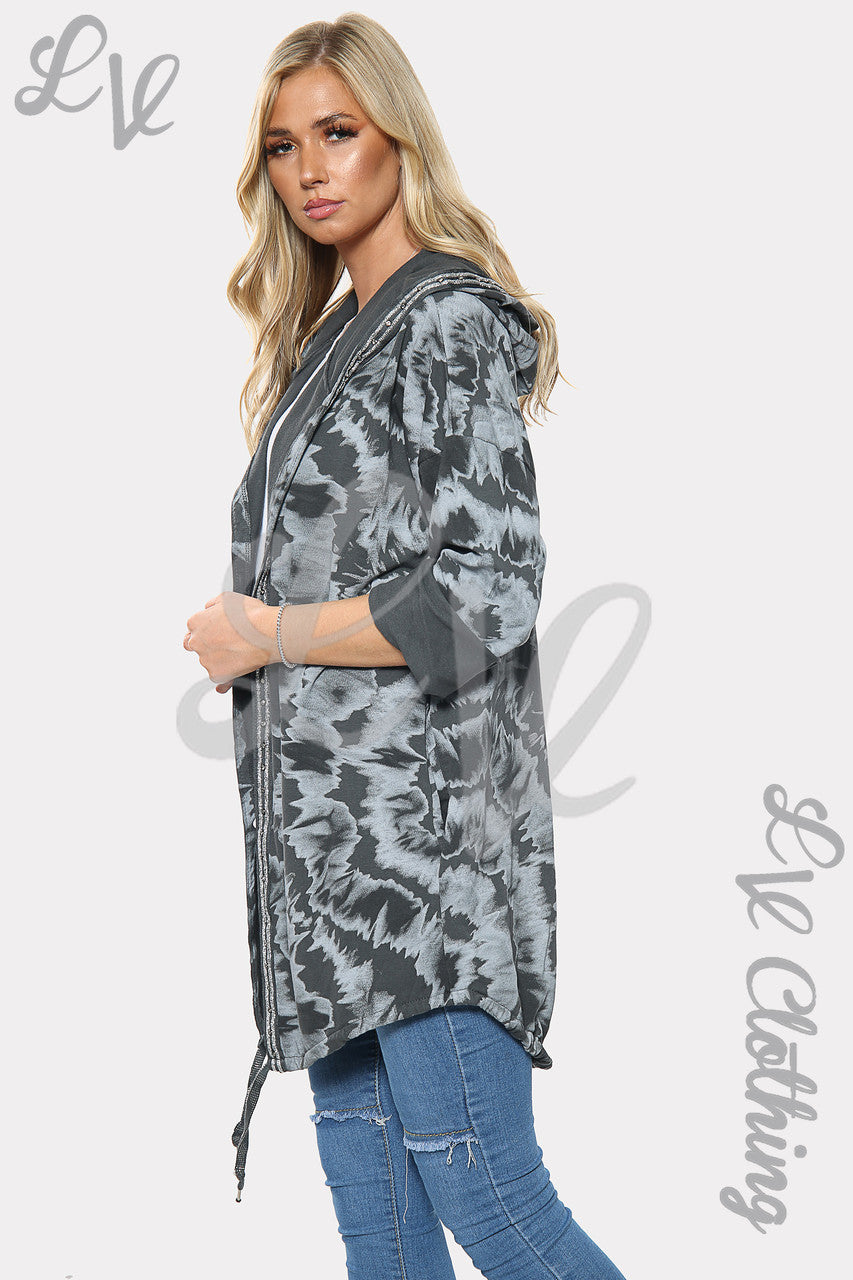 Ladies Tie Dye Print Oversize Hooded Cardigan Charcoal Unit Price £15.99