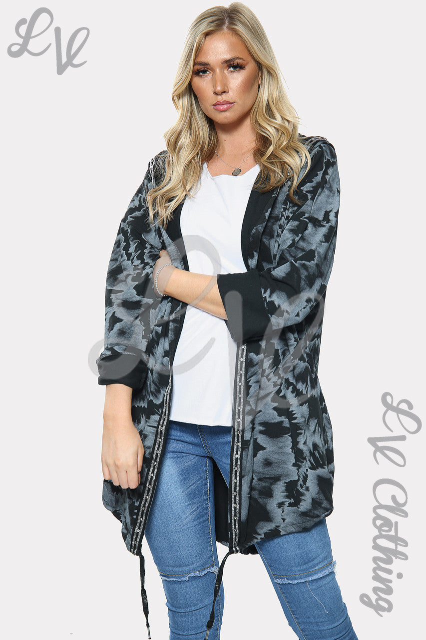 Ladies Tie Dye Print Oversize Hooded Cardigan Black Unit Price £19.99