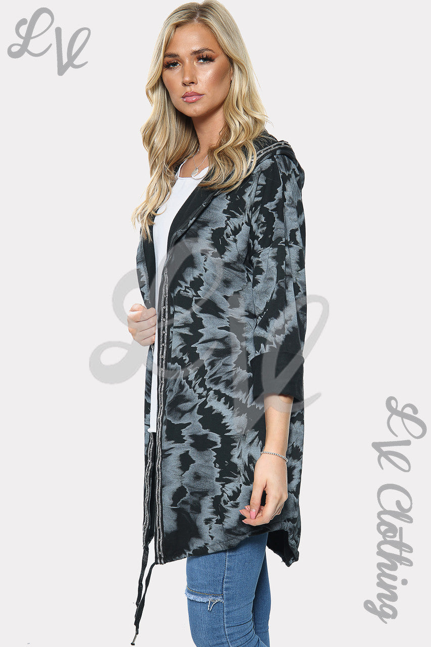 Ladies Tie Dye Print Oversize Hooded Cardigan Black Unit Price £19.99