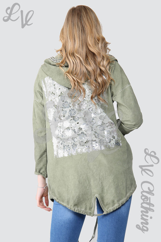 Ladies hooded jacket in olive with large silver floral foil back panel