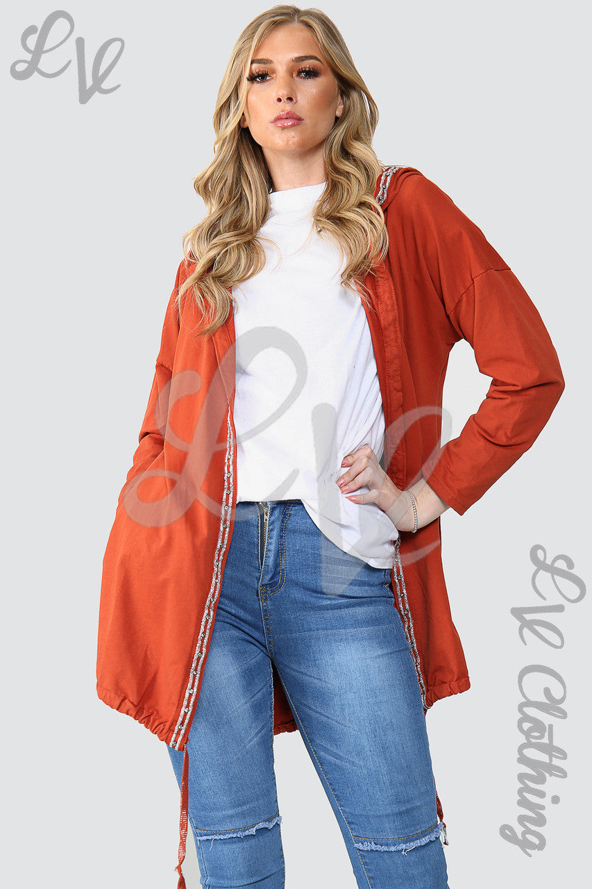 Dames Hooded Jas met Bloemenfolie Detail Achterkant Roest - Eenheidsprijs €18.99