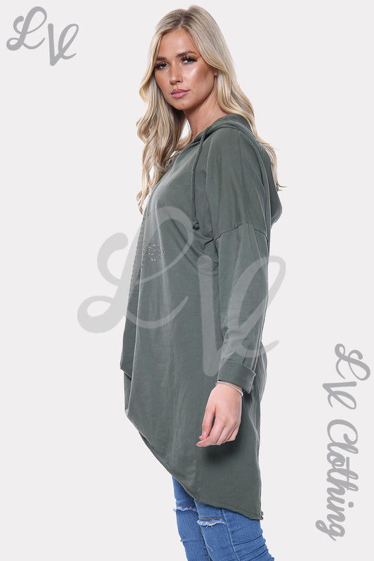 Women’s hooded jumper top in dark khaki with long sleeves and kangaroo pocket