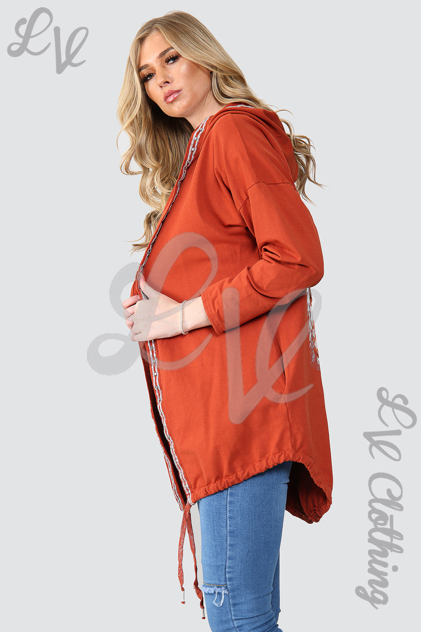 Dames Hooded Jas met Bloemenfolie Detail Achterkant Roest - Eenheidsprijs €18.99