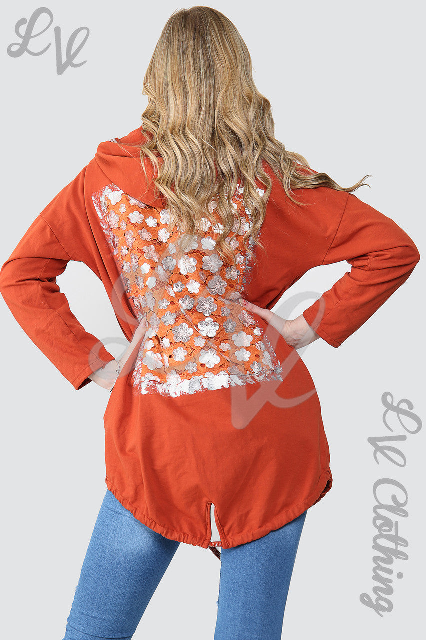 Dames Hooded Jas met Bloemenfolie Detail Achterkant Roest - Eenheidsprijs €18.99