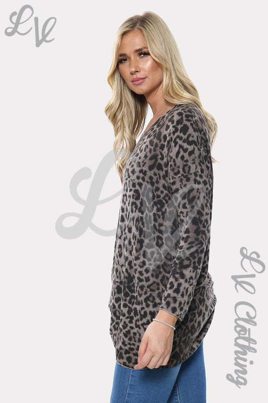 Taupe leopard print long-sleeve top, relaxed fit with scoop neckline