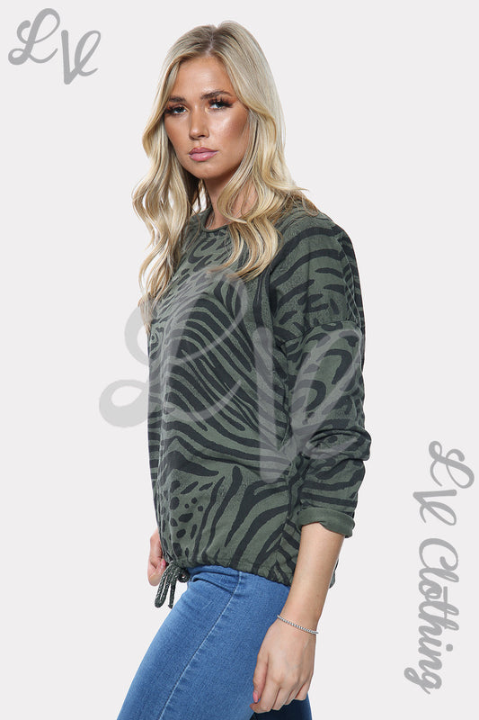 Zebra print tie-waist top with long sleeves, dark olive/black pattern