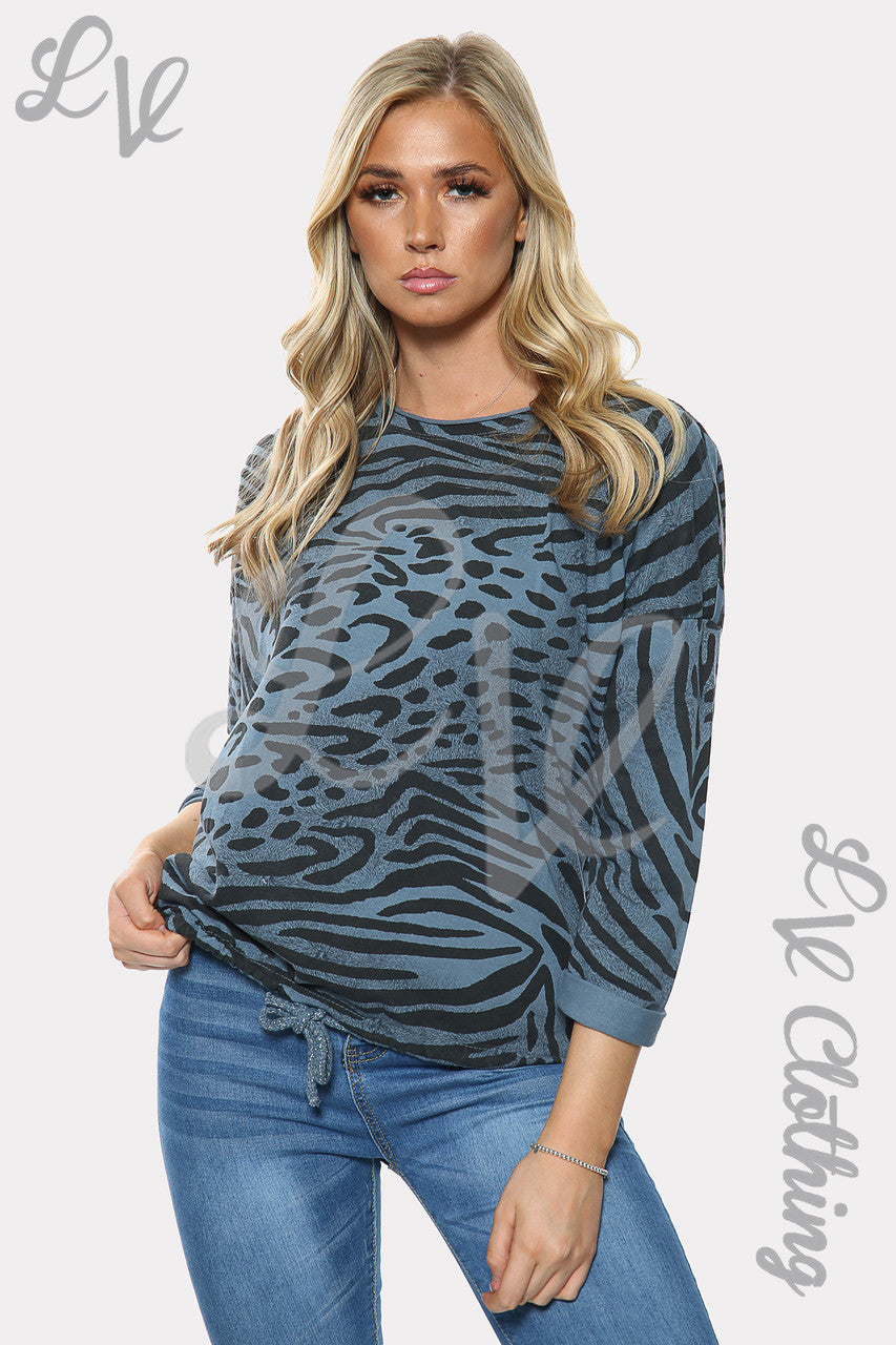 Dames Zebraprint Top met Strikceintuur Jeans Eenheidsprijs € 10,99