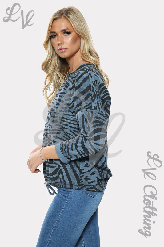 Zebra print tie-waist top with gathered side tie, long sleeves, crew neck, dark blue-gray