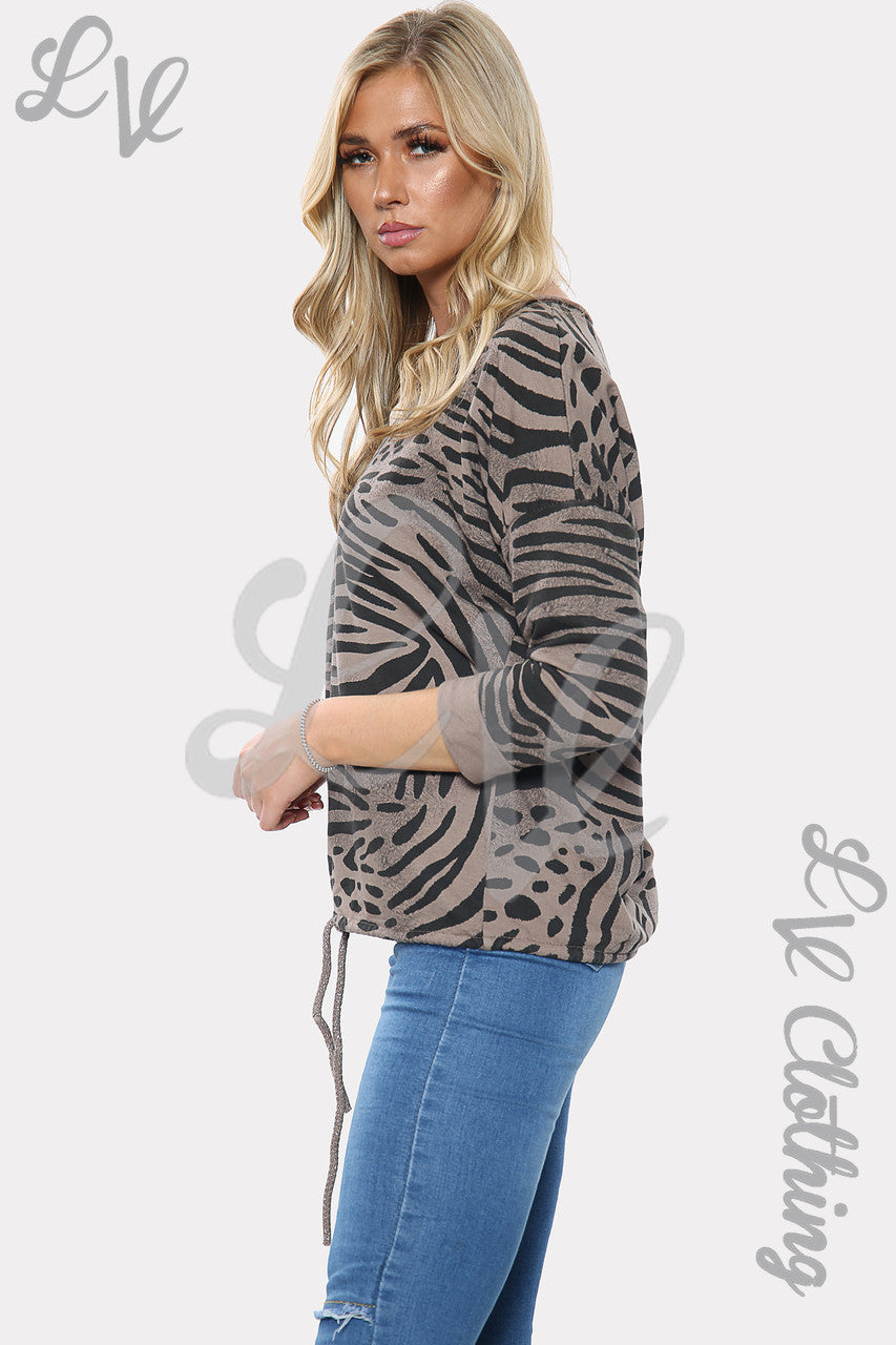 Dames Zebraprint Top met Strikceintuur Bruin Prijs per stuk € 10,99