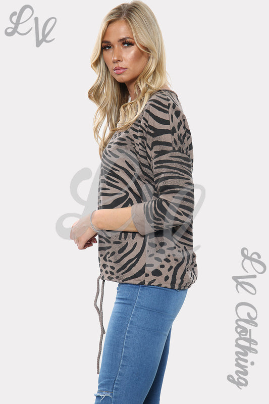 Zebra print tie-waist long-sleeve top, brown with dark pattern