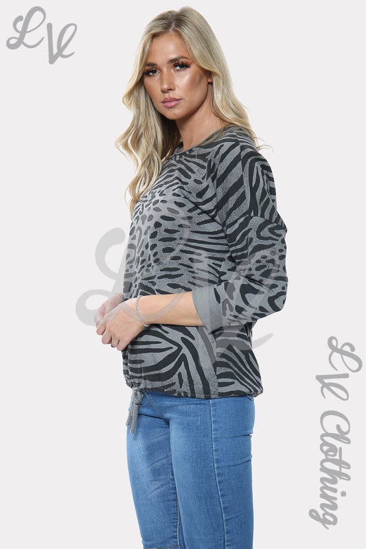 Grey zebra print tie-waist top with 3/4 sleeves