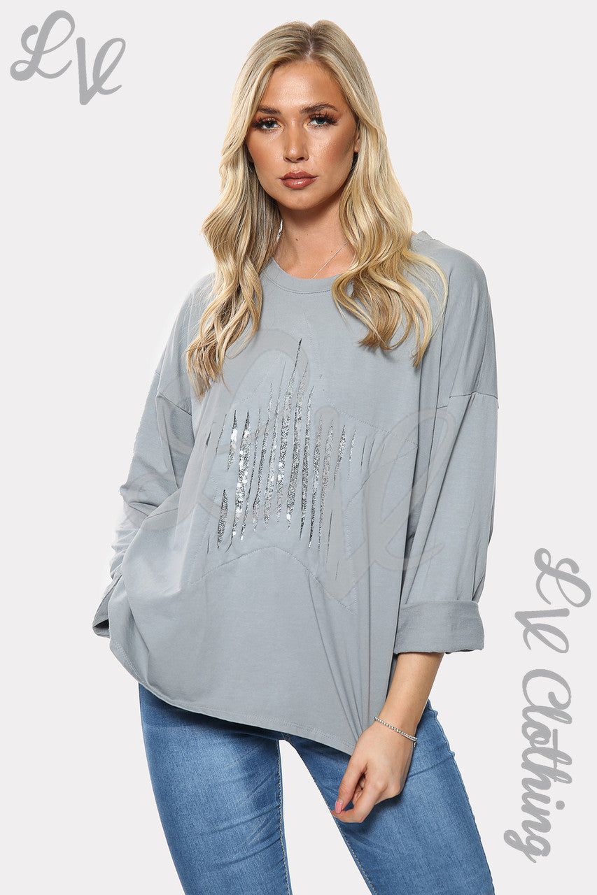 Dames Zilveren Sweatshirt met Sterrenprint en Pailletten Zilver Stukprijs €11,99