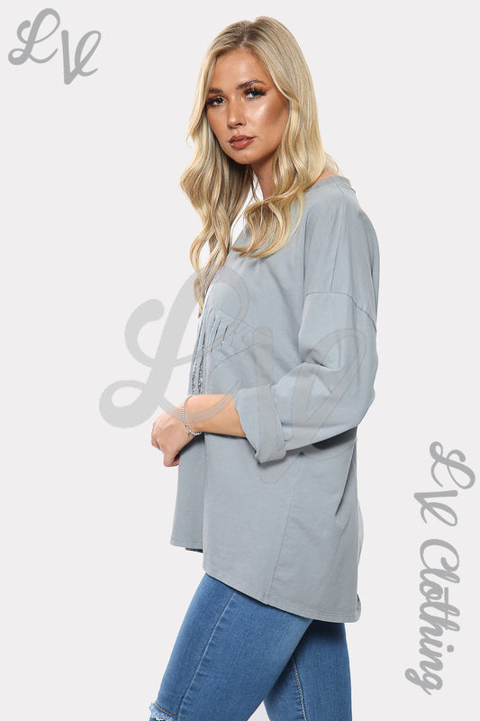 Women’s light blue sweatshirt with silver sequin star print, relaxed long sleeves