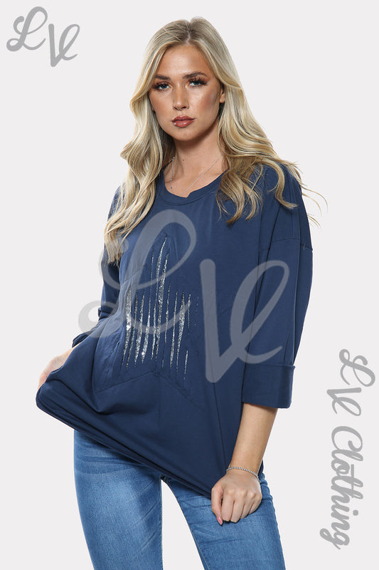 Navy sequin star print sweatshirt top, short sleeves, relaxed fit