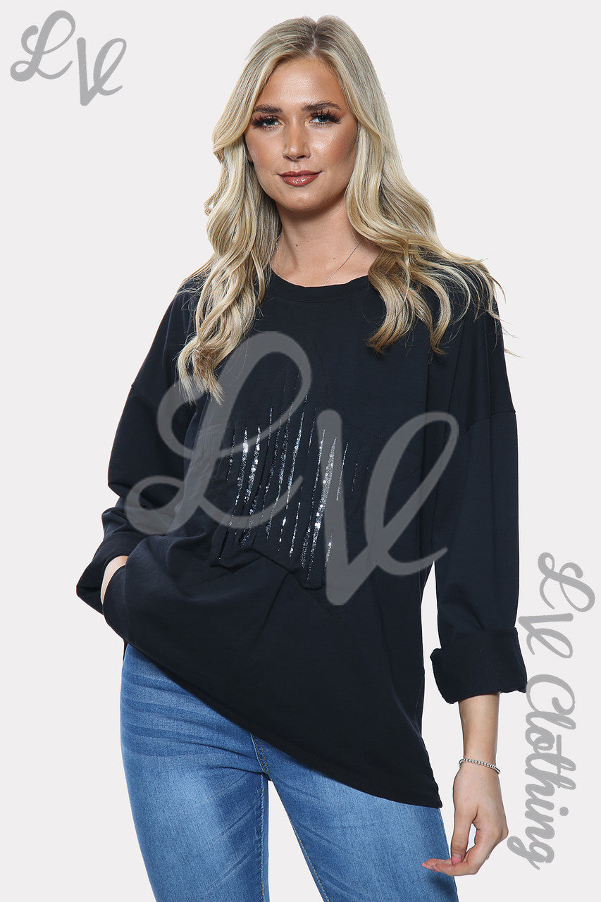 Ladies Silver Sequin Star Print Sweatshirt Top Black Unit Price £11.99