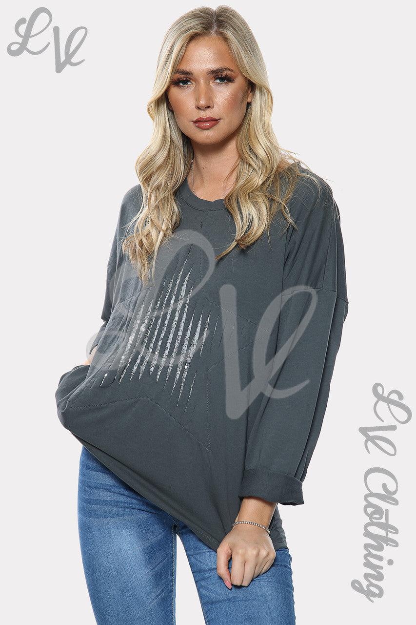 Dames Zilveren Sweatshirt met Sterrenprint en Pailletten Houtskool Stukprijs €11,99