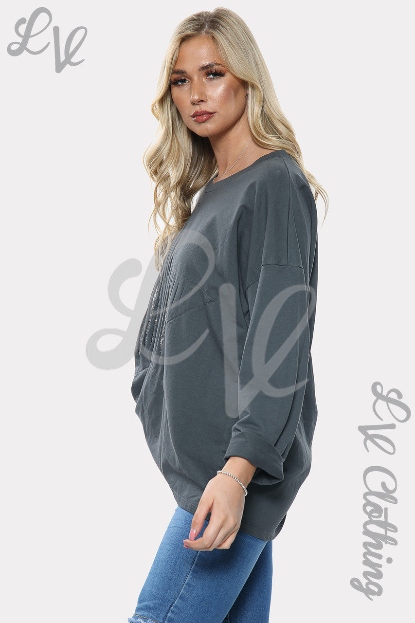 Dames Zilveren Sweatshirt met Sterrenprint en Pailletten Houtskool Stukprijs €11,99