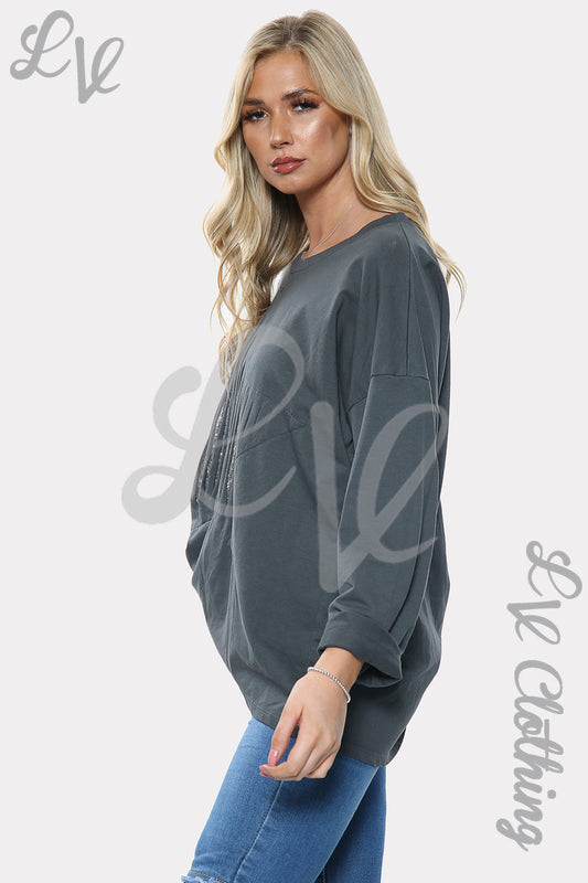 Charcoal sequin star-print sweatshirt, side view, long sleeves, relaxed fit
