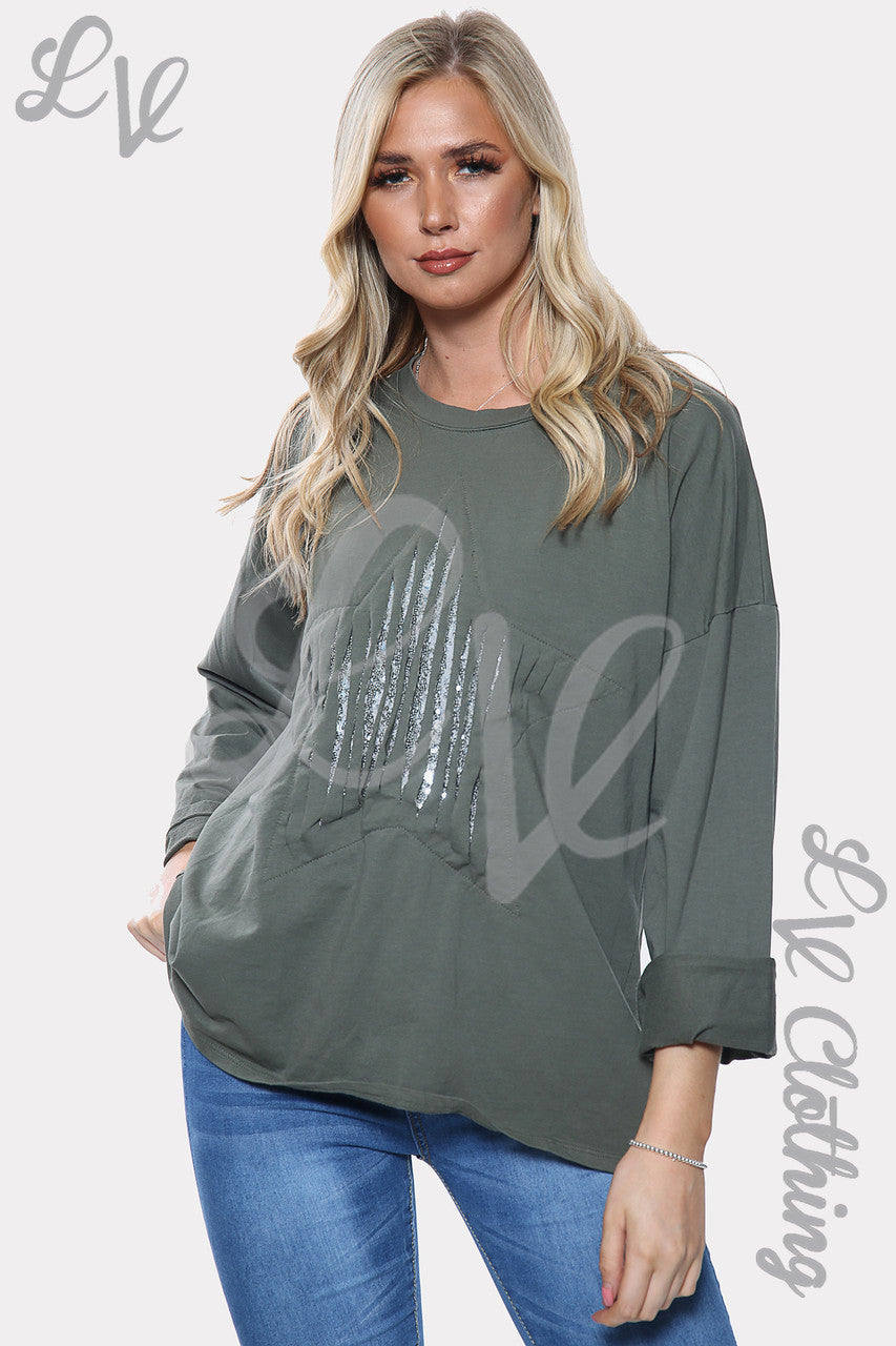 Dames Zilveren Pailletten Sterren Print Sweatshirt Top Kaki Stukprijs €11.99