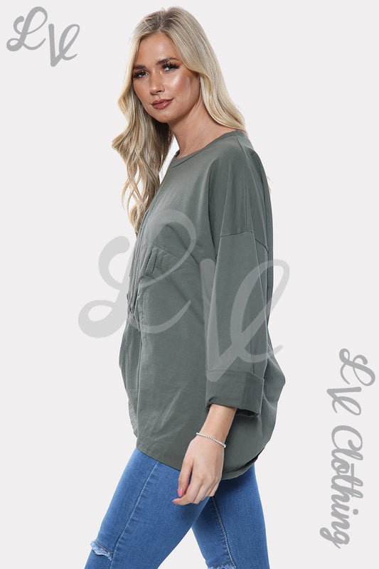 Women's khaki-green sweatshirt with silver sequin star print, long sleeves