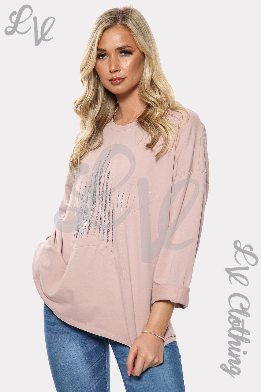 Dames Zilveren Pailletten Sterrenprint Sweatshirt Top Stoffig Roze Stukprijs £11,99