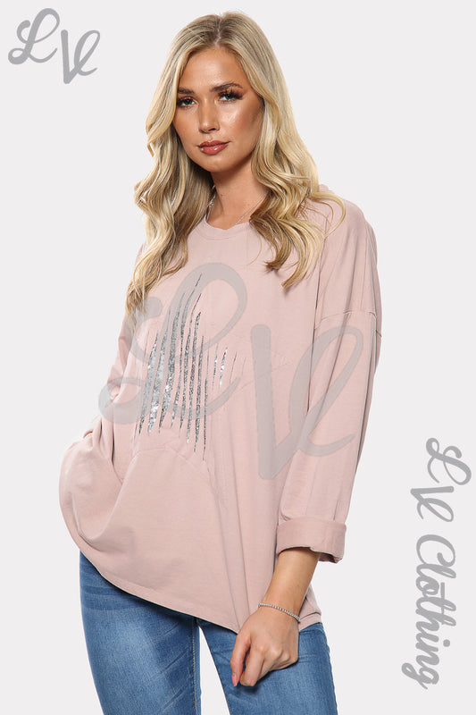 Women’s dusty pink sequin graphic sweatshirt with long sleeves and crew neck