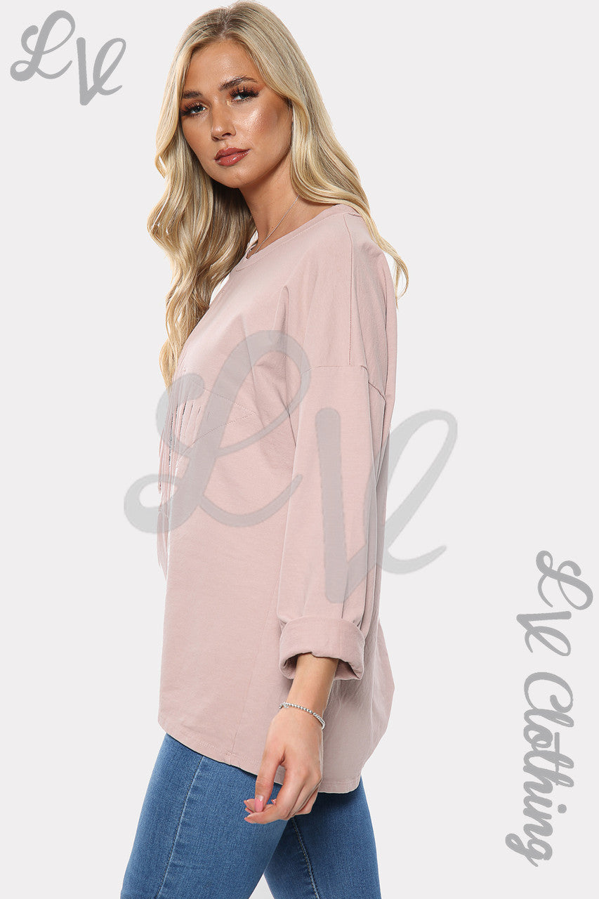 Dames Zilveren Pailletten Sterrenprint Sweatshirt Top Stoffig Roze Stukprijs £11,99
