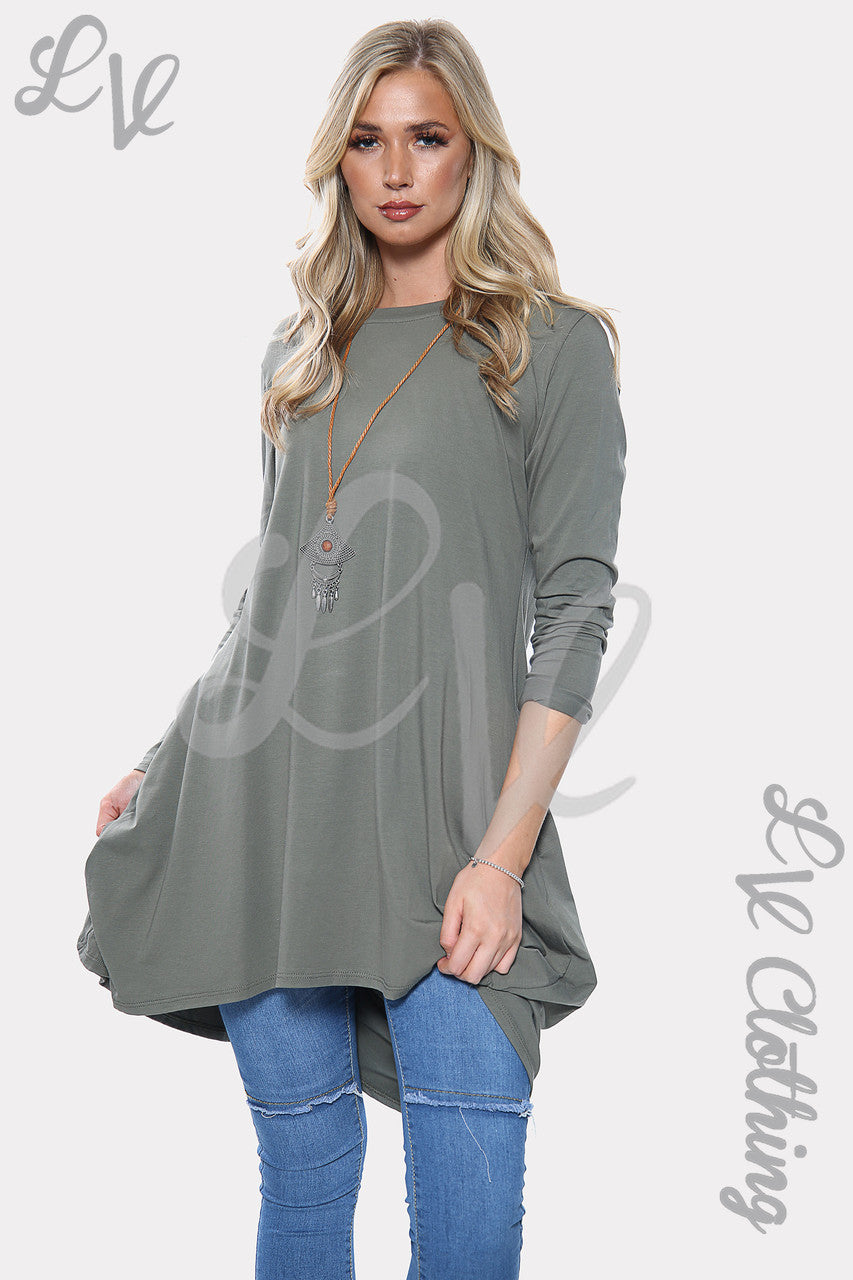 Dames Effen HI LO Oversized Jurk met Halsketting Khaki Stukprijs €10,99