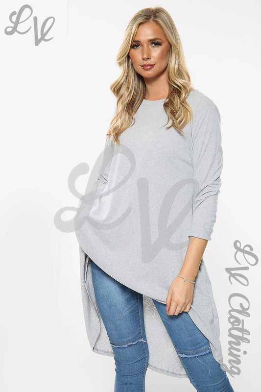 Oversized hi-lo necklace dress in light gray, long sleeves, asymmetrical hem