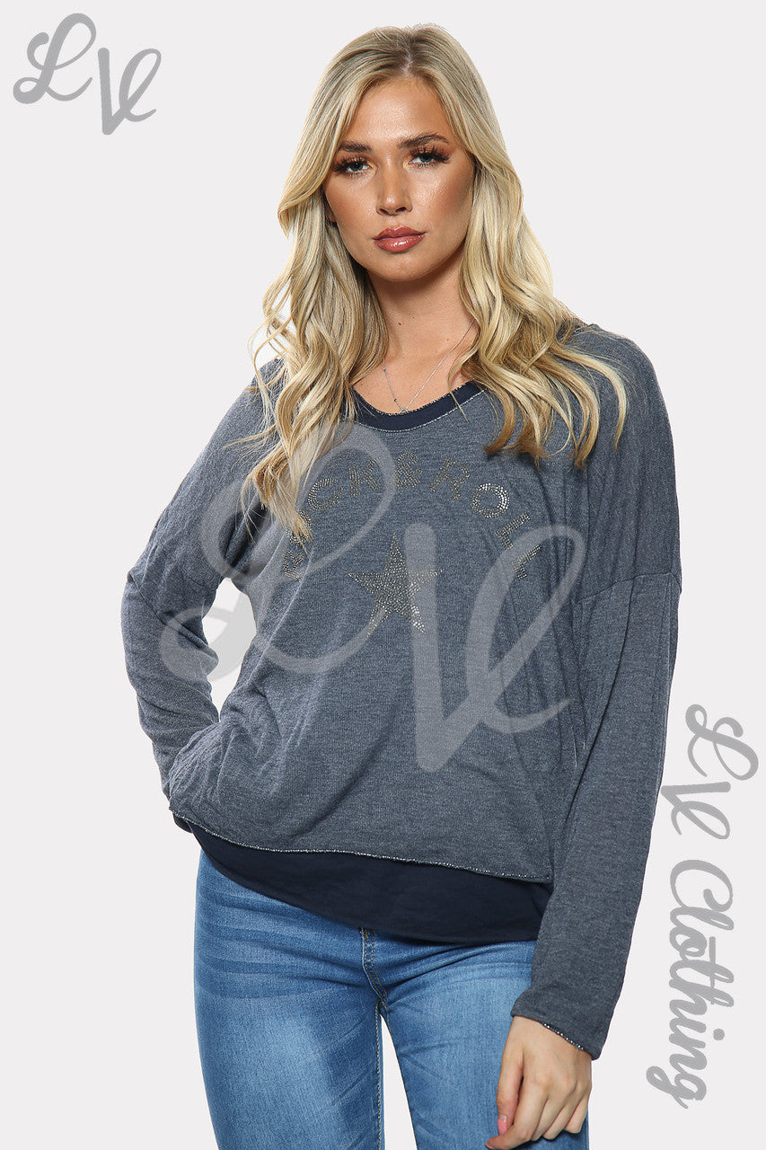 Dames Rock & Roll Sterrenprint Dubbellaagse Top Marine Stukprijs € 10,99