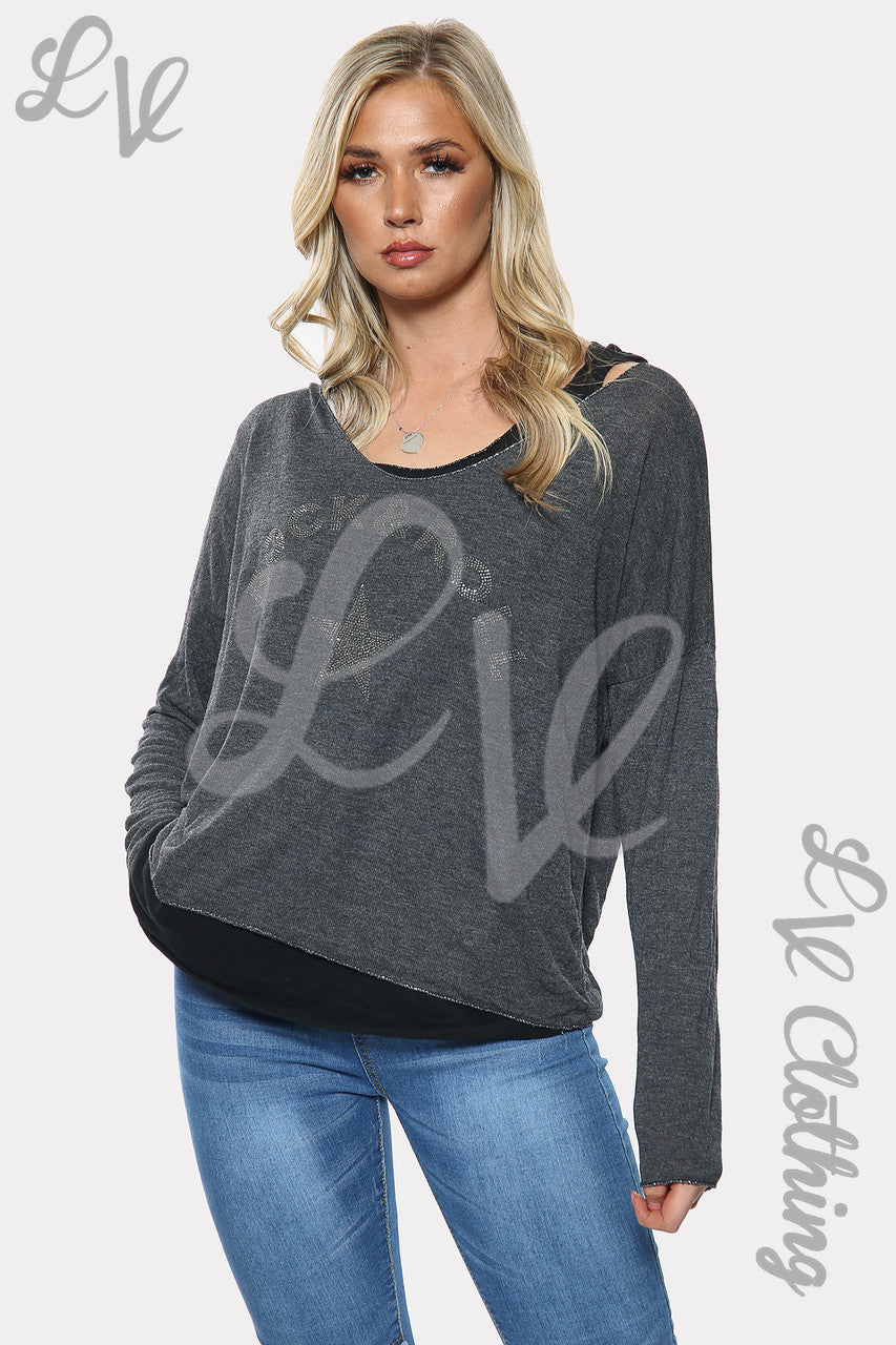 Dames Rock & Roll Star Print Tweelaagse Top Houtskool Stukprijs €10.99