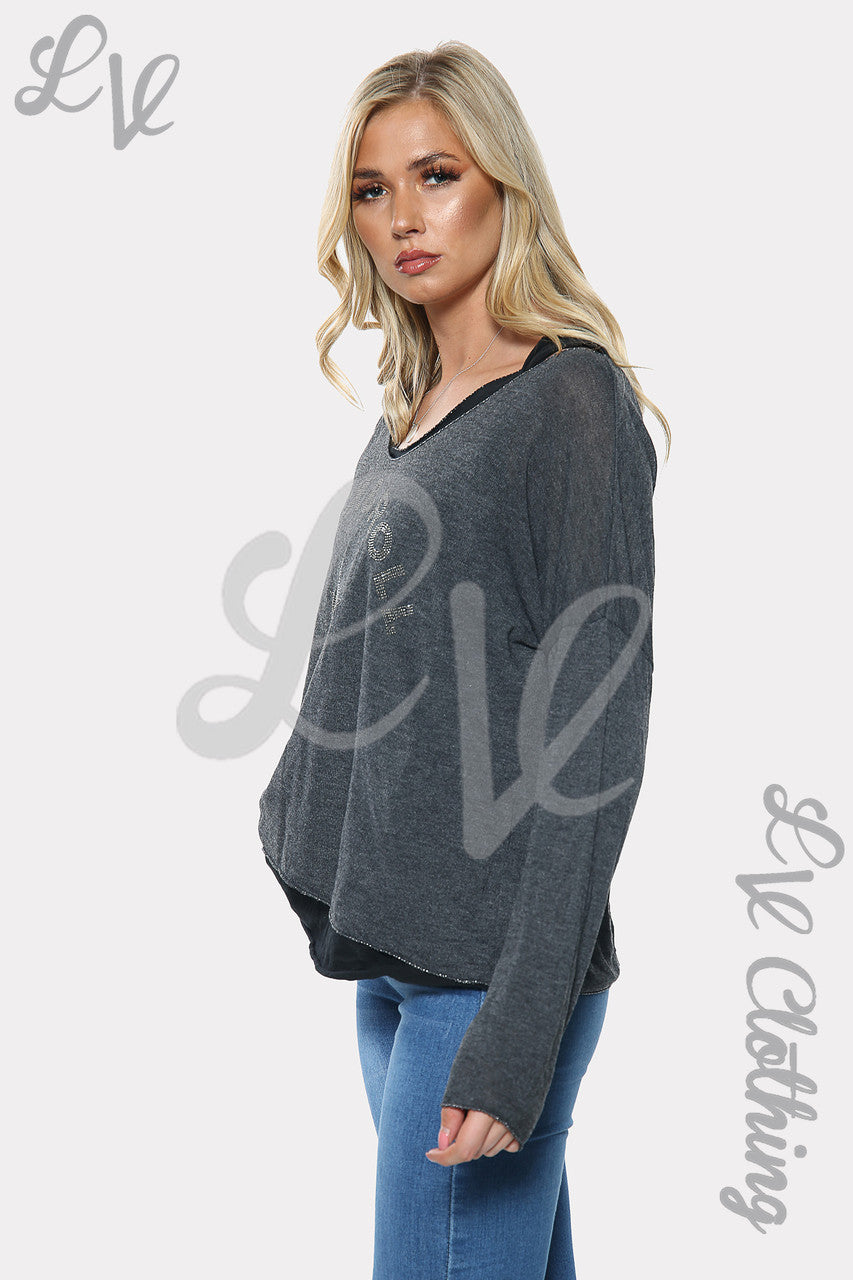 Dames Rock & Roll Star Print Tweelaagse Top Houtskool Stukprijs €10.99