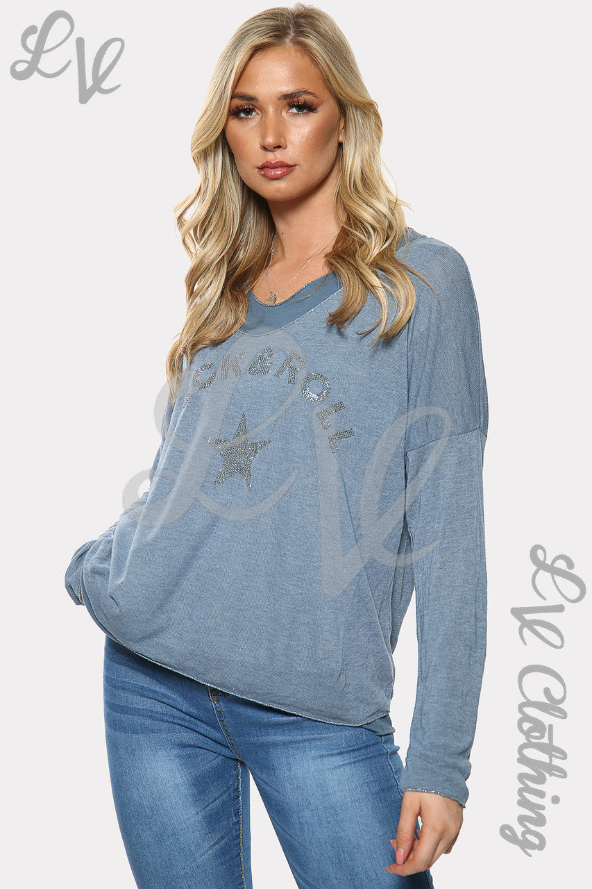 Dames Rock & Roll Sterrenprint Twee Laagse Top Denim Stukprijs € 10,99