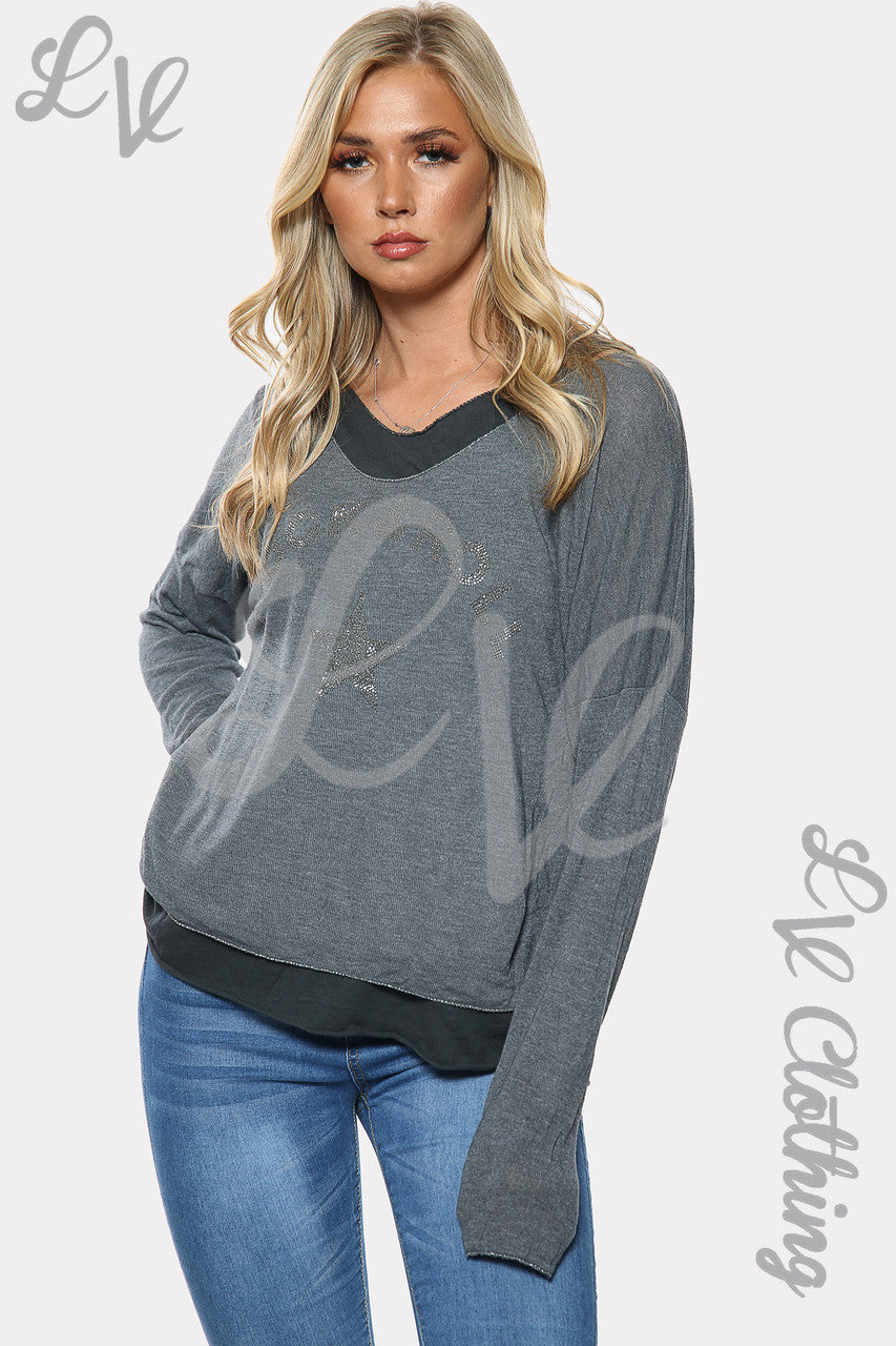 Ladies Rock & Roll Star Print Two Layered Top Grey Unit Price £10.99